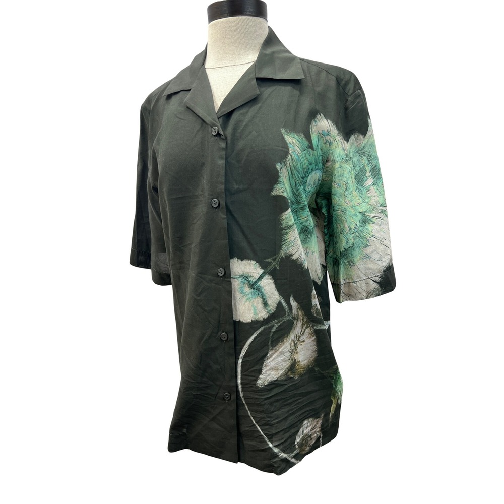 COS Floral Button Down Shirt Womens Size 2 Green NWT Short Sleeve Camp Collar‎